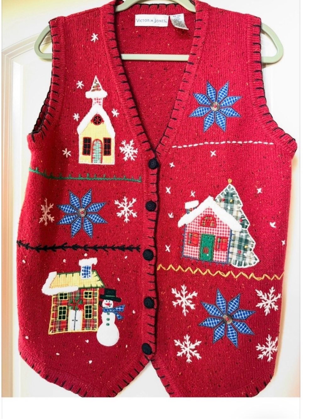Red Holiday Sweater Vest with Festive Appliqués Snowman’s,Snowflakes.Grandmacore